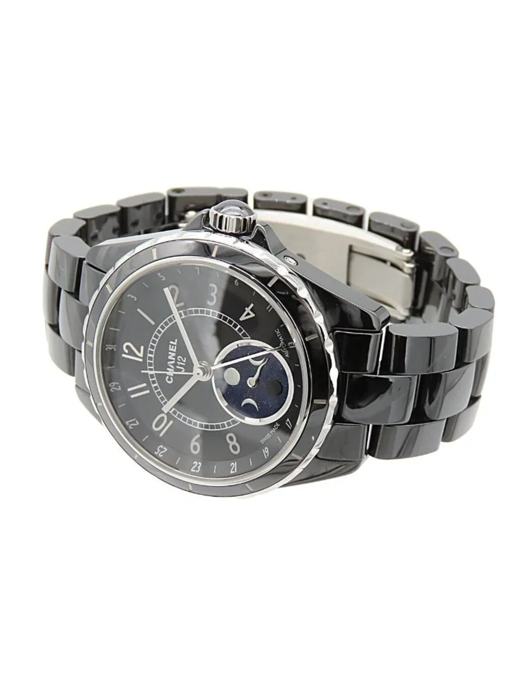 Chanel Furs de Lune Black Ceramic SS Moon Phase Watch Automatic
